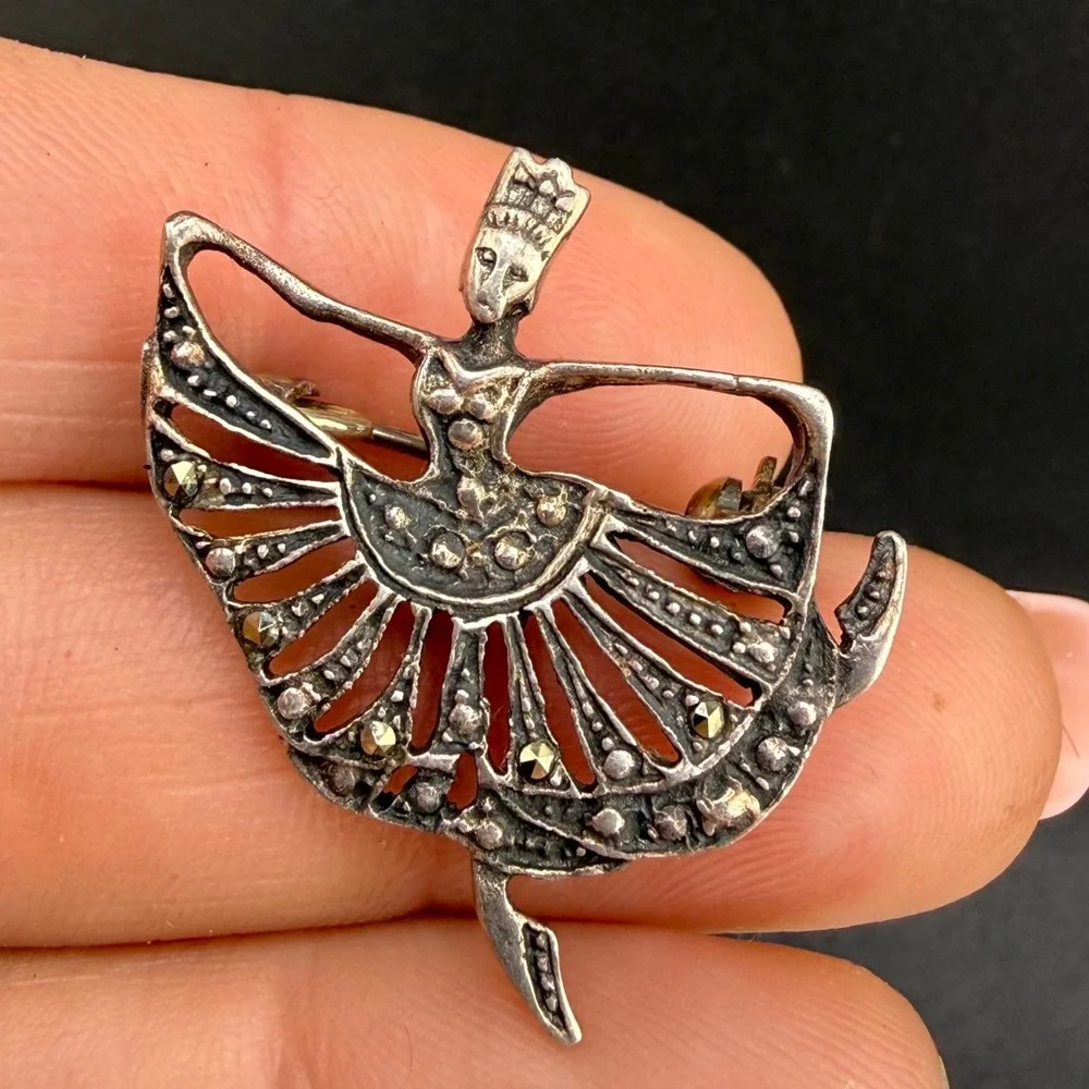 Vintage Sterling Silver Dancer Brooch Ballerina Marcasite